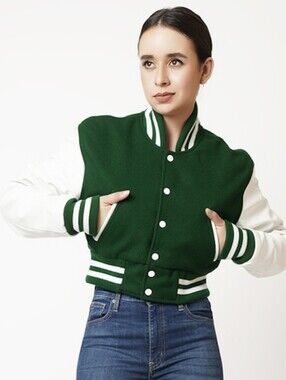 Cult Favorite Basic Green and White Varsity Jacket with Striped Trim
